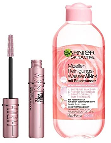 Garnier und Maybelline New York Make-Up Routine Set, Mit Mizellen Reinigungswasser mit Rosenwasser und Sky High Mascara, Für lange Wimpern und einfaches Abschminken, 2-teilig