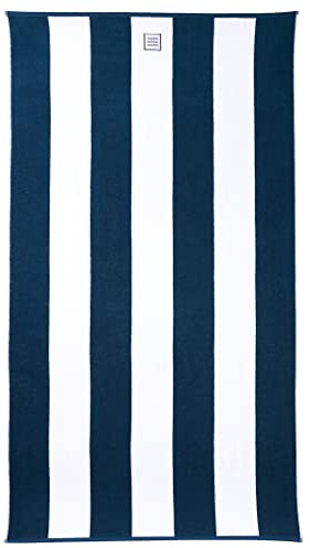 Cottera® Strandhandtuch Soho, Strandtuch | 100x180cm groß, Weiß Blau Gestreift | Badetuch XXL aus 100% Baumwolle, Zertifiziert | Nachhaltig produziert in Portugal