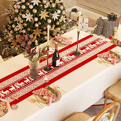 Weihnachtstischläufer, roter Leinen-Tischläufer, 30,5 x 274,4 cm, bedruckte Leinen-Tischlinien für Weihnachten, Weihnachtsdekoration, Weihnachtsdekoration, Esstischdekorationen, Rot