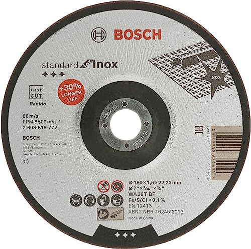 Bosch 1 disque à tronçonner standard pour acier inoxydable (pour acier inoxydable, Ø 180 x 1,6 x 22,23 mm, centre dépressé, meuleuse d'angle accessoire)