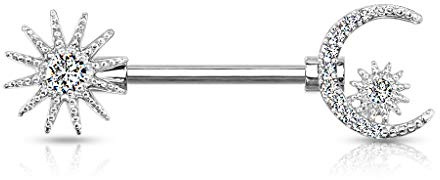 beyoutifulthings Brustwarzen-piercing Sonne Halb-Mond Stern Silber Gold Pavé Zirkonia Clear Brust-piercing Nippel-piercing Chirurgenstahl Stab 14-mm