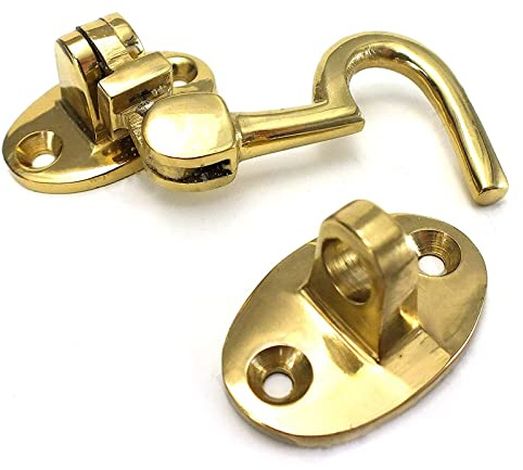 SISI UK 3 Inch Brass Cabin Hook and Eye Door Holder with Screws Pack of 1 | Surface-mounted hook catch for garden gates, sheds, patio doors, greenhouses, windows and cupboard doors.