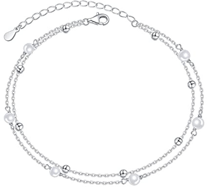 HOOHWE Vristlänk för kvinnor silver 925 justerbar fjäril måne pärla keltisk knut fotkedja flera lager fotkedjor för kvinnor strand dubbelskikt anklets boho-smycken, 20,32 cm - 25,4 cm
