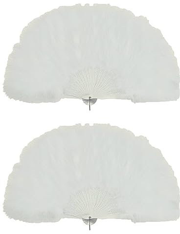 Lizzy 2 x White Feather Fan | Handheld Folding Fan, 1920s Embroidered Vintage Fans Halloween Fancy Dress Costume Party Wedding Decoration