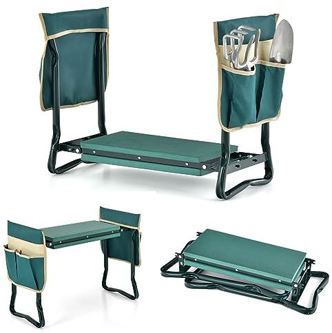 COSTWAY 2 in 1 Kniebank für Gartenarbeit, Gartenhocker klappbar, Garten Arbeitshocker mit EVE-Polster & 2 Werkzeugtaschen, Knieschutz Kniehilfe, bis 150 kg belastbar, 58 x 27,5 x 50 cm, Grün