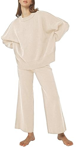 Viottiset Damen 2-Teilige Outfits Übergröße Loungewear Langarm Top Strickpullover Lounge Sets Schlafanzug Aprikose L