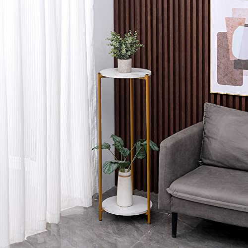 Rainbow Tree 2-Tier Tall Plant Stand Indoor, 90CM Round Plant Stand Side Table with Golden Metal Frame, Corner Plant Shelf Display Stand Holders for Living Room Balcony Bedroom (90cm White Marble)