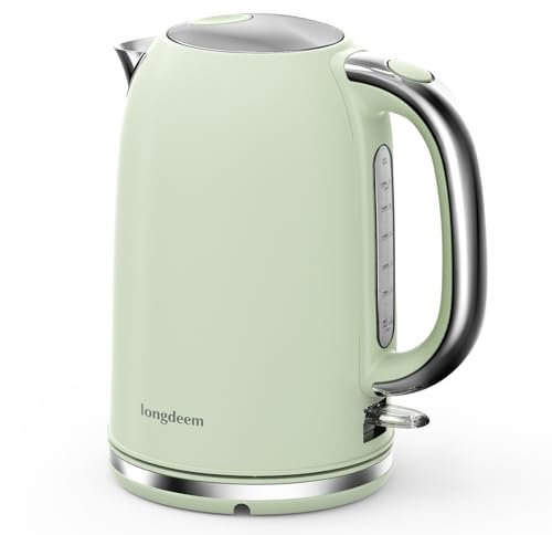 Longdeem Chaudière et chauffe-eau en acier inoxydable de 1,7 l, 1500 W pour ébullition rapide, arrêt automatique et protection contre l'ébullition, service sans fil avec lumière LED, vert
