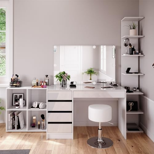 Vicco Tavolino da toilette Sherry, Bianco, 5 pezzi, con ripiano portaoggetti, ripiano in piedi, specchio, sgabello, LED, adatto per l’uso quotidiano con telaio stabile