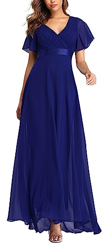 ECDAHICC Kvällsklänning för kvinna, med bälte, V-ringning, hög midja, A-linje, i mousselin, brudtärneklänning, elegant balklänning, Färg: blå, XXL