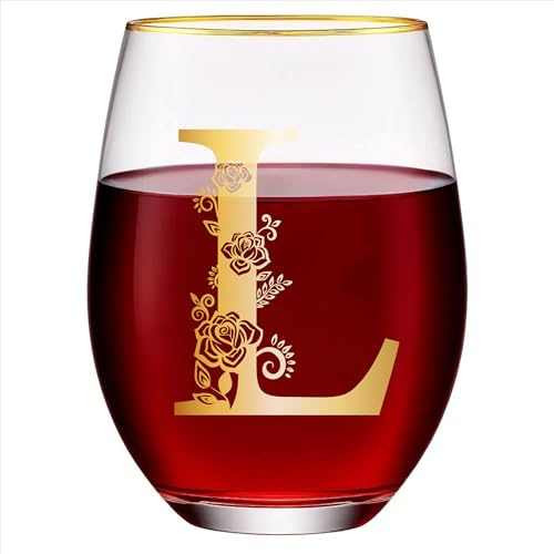 Unique Stemless Floral Monogram Wine Glass Engraved-Initial Wine Cup for Red or White 15oz Wine Glass Cup Letter L- Gifts for Women Men Birthday Christmas Gifts Wedding Bridesmaid Proposal