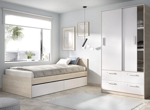 DEKIT GRUPO RIMOBEL TOP PACK - Conjunto de cama con dos cajones y armario de dos puertas correderas y cuatro cajones - BLANCO / NATURAL