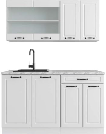 Vicco Singleküche R-Line, Weiß Landhaus, 140 cm | 4 Module · Höhenverstellbare Füße · AP Marmor inkl. · MDF-Fronten · Mit Glasschrank · Frei kombinierbar