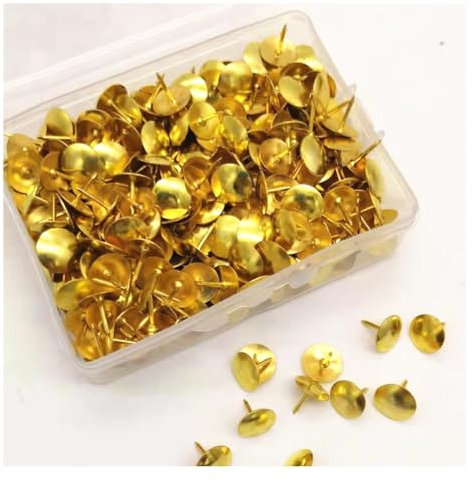 Rockreyoa 400 Stück Reißzwecken 10mm Reißnägel Rundkopfnägel Polsternägel Dekornagel Ziernägel Heftzwecken zum Aufhängen Thumbtacks für DIY Büro mit Kunststoff Aufbewahrungsbox Gold