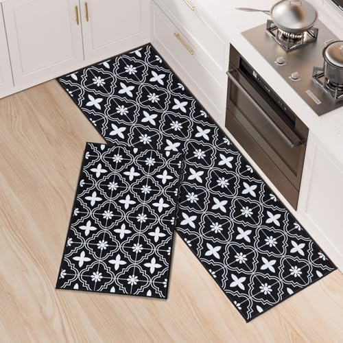 LY4U Küchenläufer rutschfest, 2 Stück küche Matte Set, Waschbar Absorbierende küche Teppiche, Dauerhafte Läufer Teppiche, Wäscherei, Schlafzimmer (43x75cm+43x120cm, Schwarz)