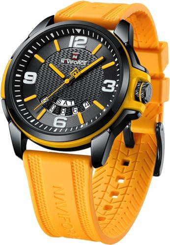NAVIFORCE Orologio impermeabile per uomo e donna, orologio analogico automatico con data, militare, sportivo, unisex, cinturino in silicone, giallo e nero., Cinturino
