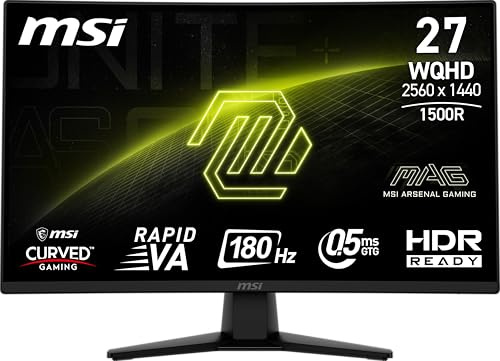 MSI mag 274CQF - Pantalla Curvada (27, 2560 x 1440 (QHD), 180 Hz, HDMI, DisplayPort, Puerto VGA, Montaje VESA, inclinable, Altavoz, Marco Fino, 0,5 ms, Negro