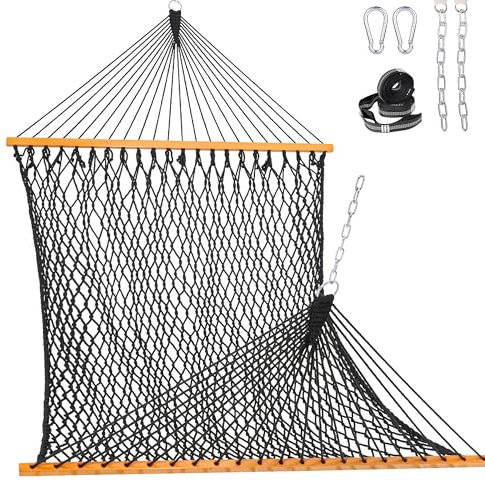 Lazy Daze Hammocks Double Rope Hammock, 2 Person Traditional Outdoor Hand Woven Cotton Rope Hammock with Spreader Bar, Chains, Tree Straps for Patio Yard - Max 450 Lbs, Dark Grey