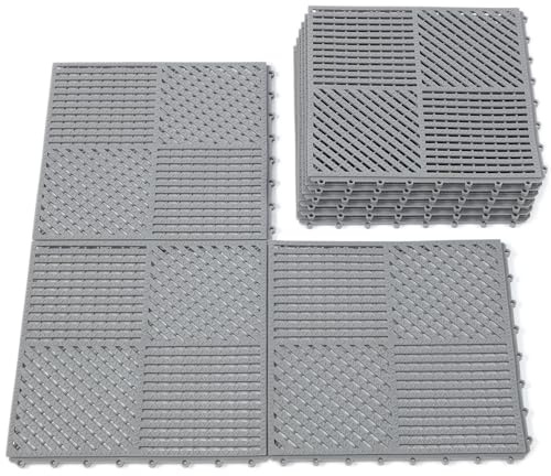 wiiiw 9 Pack Interlocking Non-slip Drainage Floor Tiles - Outdoor Shower Mat for Pool, Bathroom, Basement, Boat & Pet Area, 30.5x30.5 cm Light Grey