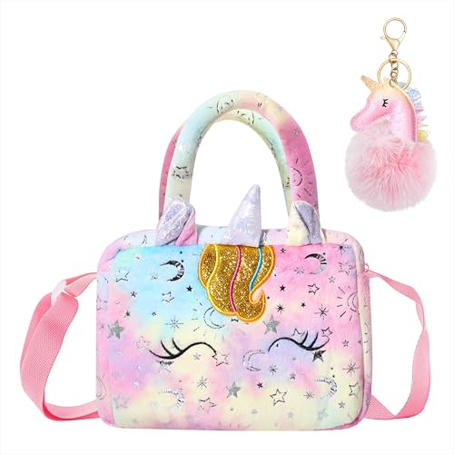 Borsa a Tracolla per Ragazza Peluche Unicorno Borsetta con Portachiavi Pom Tie Dye Borsetta da Principessa per Bambini, Regalo di Compleanno Rosa