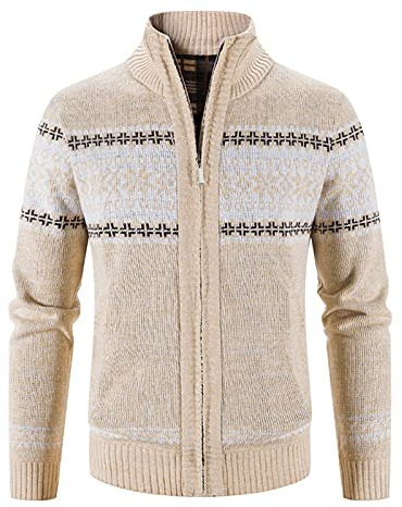 Mymyguoe Maglione da uomo a maglia grossa, in stile norvegese, alla moda, invernale, per il tempo libero, con chiusura lampo, cardigan, blocco di lana, caldo, beige., XL