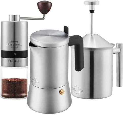 SILBERTHAL Set moka 300ml, molinillo y espumador de leche - Acero inox | Molinillo de café manual - Acero inoxidable - Disfruta del café en casa - Recién molido - Espuma DE leche cremosa en segundos