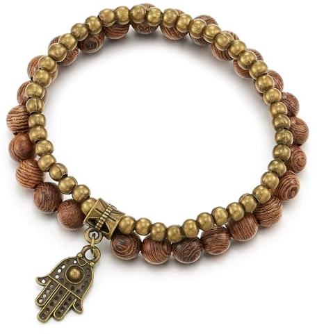 COOLSTEELANDBEYOND Bracelet Extensible en Perles de Bois pour Femme avec Pendentif Main de Hamsa en Bronze Antique, Bijou Spirituel Bohème
