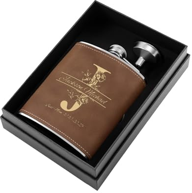 Flasque a Alcool Personnalisé, 227ml Whisky Flasque Cuir Gravé Avec un Entonnoir Coffret Cadeau Homme(Marron)