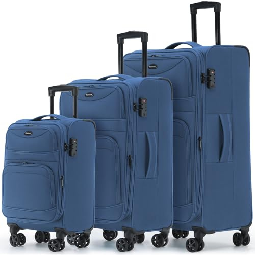 Münicase Stoffkoffer erweiterbar mit Frontfächern,15% Extra-Volumen, TSA-Schloss, 360° Doppelrollen & verdecktem Namensschild (Dunkelblau, Kofferset (3-teilig) erweiterbar)