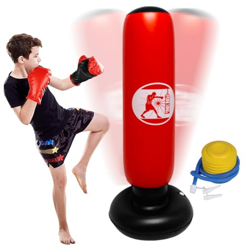 LOMUG Boxningssäck för barn från 6–12 år, 160 cm PVC boxningssäck barn stående boxningssäck, uppblåsbar med luftpump, gåva för pojkar flickor att öva karate, kickboxning, taekwondo, MMA, träning av