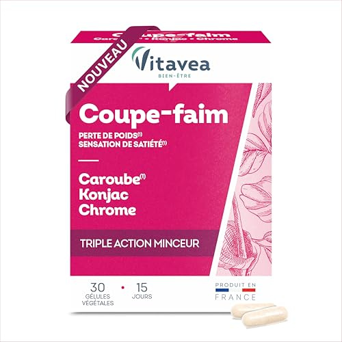 Vitavea Bien-être - Coupe Faim Konjac Caroube & Chrome – Complément Alimentaire Minceur – Perte de Poids & Satiété – Régulation des Sucres – 30 Gélules – Cure 15 Jours – Fabriqué en France