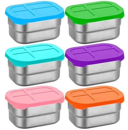 Snacksbehållare i metall - 8 oz matlåda i rostfritt stål med silikonlock, 6 stycken | vattentät matförvaring, stapelbar kruka för småbarn P