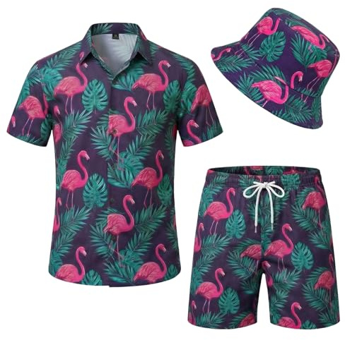 Moerstar Camicia Hawaiana Uomo Set con Pantaloncini Cappello Camicia Uomo Maniche Corte Camicie Estive Camicie Hawaiane per Estive Spiaggia Feste