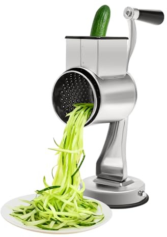 Coupe-légumes à 5 lames, râpe à légumes rotative, râpe de cuisine avec base à ventouse, en acier inoxydable, pour pommes de terre, concombres, salade, avec 5 tranches, passe au lave-vaisselle, 22,4 cm