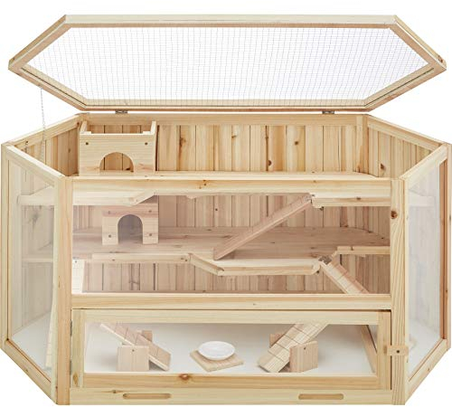 tectake 403227 Hamsterkäfig aus Holz mit Zubehör, mehrere Etagen, aufklappbares Dachgitter, Schaufenster aus Kunststoffglas, herausnehmbare Schublade erleichtert die Reinigung, ca. 115 x 60 x 58 cm