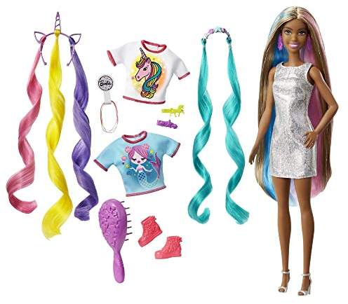 Barbie GHN05 - Fantasie Haar Puppe (brünett) mit Zwei verzierten Haarreifen, Zwei Oberteilen und Accessoires für Meerjungfrauen- und Einhorn-Looks, inklusive Haarstyling-Zubehör, ab 3 Jahren