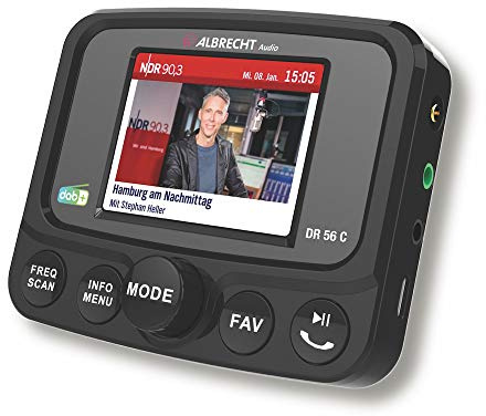 Albrecht DR 56 C, DAB+ Adapter zum Aufrüsten von Auto-Radios, 27156, Tuner mit FM-Transmitter & Farb-Display, Musik-Streaming über das Handy, schwarz | Autoradio Adapter mit Farbdisplay für Musik-Streaming & Freisprecheinrichtung für das Auto, inkl. Scheibenantenne, USB-C