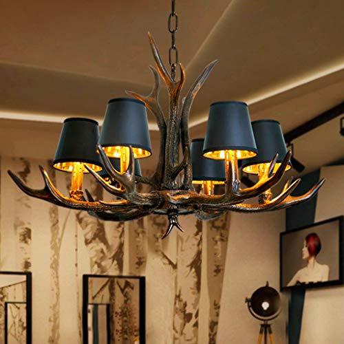 Vintage Pendelleuchte Geweih Retro Industriestil Hängelampe Harz Schwarzer Eisen Lampenschirm Pendellampe E14 Höhenverstellbarer Hängeleuchte Esszimmer Wohnzimmer Cafe Küche Bar Kronleuchter 6 heads