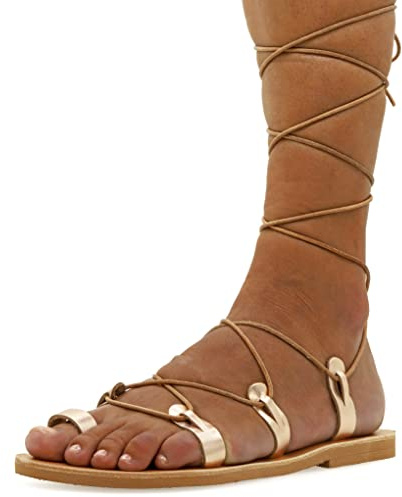 38 Or rose Emmanuela Sandales en cuir haute en cuir dans un ancien style grec, gladiateur à la main, Sandales de reliure, chaussures d'été, sandales à lacets à la dentelle