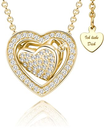 Halskette Damen Gold (vergoldet) | 3-in-1 Herzkette Gold *HERZ-in-HERZ* | Goldkette mit Herz-Anhänger am Verschluss | Kette Damenkette + Geschenk BOX *Ich Liebe Dich* | Goldschmuck Frauen Freundin