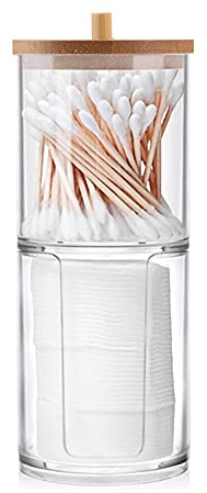 JanFeel Stapelbar Wattestäbchen Halter mit Bambusdeckel, Acryl Wattepads Aufbewahrung für Badezimmer Badesalz Aufbewahrungsbox