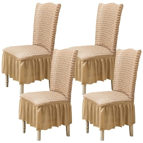 Juego de 4 Cubre Sillas Elásticas para Comedor, con Falda, Extraíble, Lavable, para el Hogar, Fiesta, Boda (Beige, 4 Piezas)