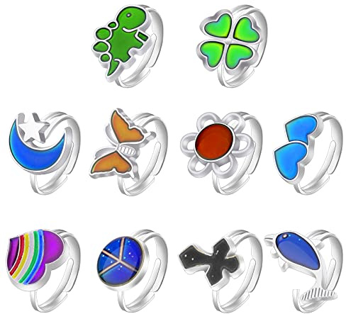 SAVITA 10 Stück Stimmungsringe, Verstellbar Farbwechsel Ringe, Edelsteinringe Set mit süßen Schmetterlingen Blumen Tieren Pfirsichherzformen Indie Ringe für Jungen und Mädchen