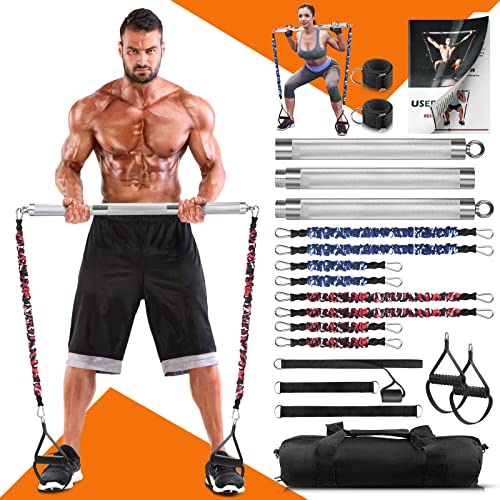 DASKING Tragbares Widerstandsband-Set für Zuhause, mit 8 bruchsicheren, stapelbaren, abnehmbaren 227 kg, 2-in-1 Pilates-Stange mit Bändern, Ganzkörper-Trainingsgerät, Übungsstangen-Set (Silber)
