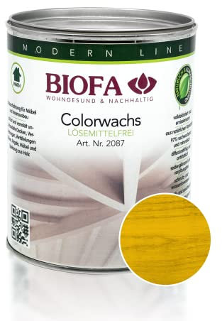 BIOFA Colorwachs lösemittelfrei farbig natürliche Holz-Wachs-Lasur mit Carnaubawachs für Holzdecken, Möbel, Spielzeug Zitronengelb 1L