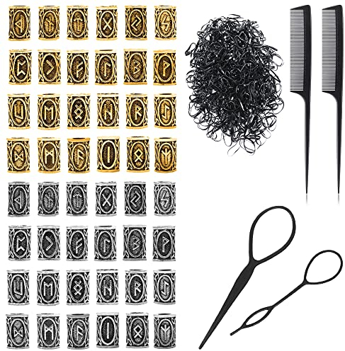 Keboyoe 48 Stücke Wikinger Bartperlen Flechten Runenperlen Nordische Runen Perlen mit 2 Haarnadel,2 Kamm und 1000 Gummiband Für Männer Bart Flechten Haar Zöpfe Armband DIY Halskette Schmuck