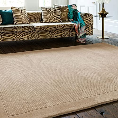 Lord of Rugs 100% Wool Rug for Living Room Dining Bedroom Hand Made Modern Bordered Quality Soft Plain Rug Beige Small 80x150 cm (2'6x5')