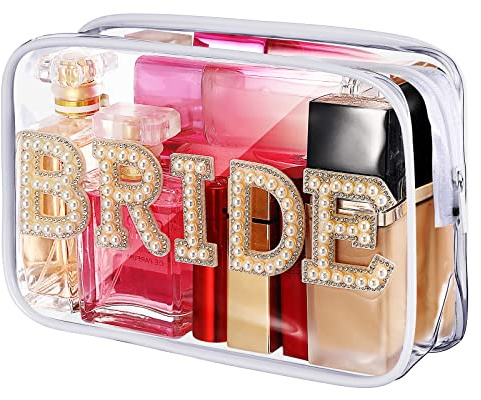 LEIFIDE Kosmetiktasche für die Braut, transparent, Kosmetiktasche, Frauenperle, Kulturbeutel, mit Strasssteinen, PVC, Reiseetui, Ehefrau-Geldbörse, tragbar, Transparent, ZJ2386, Braut
