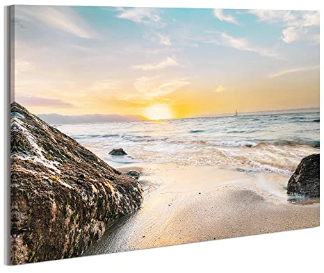 Coastal Canvas Wall Art Picture: Bathroom Beach Ocean Scene Print Seascape Sea Sunset Artwork Seaside Sailboat Rock Seashore Painting for Home Living Room Decorations 36 x 24 Inch