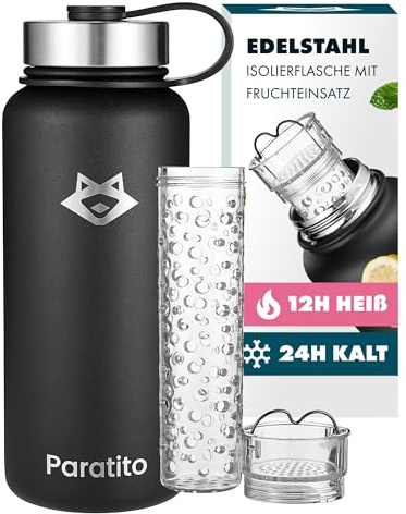 PARATITO Trinkflasche isoliert mit Fruchteinsatz 1L, Isolierflasche Edelstahl, auslaufsicher, für Wasser mit Geschmack, Kohlensäure geeignet, spülmaschinenfest (Frucht Bundle Schwarz)